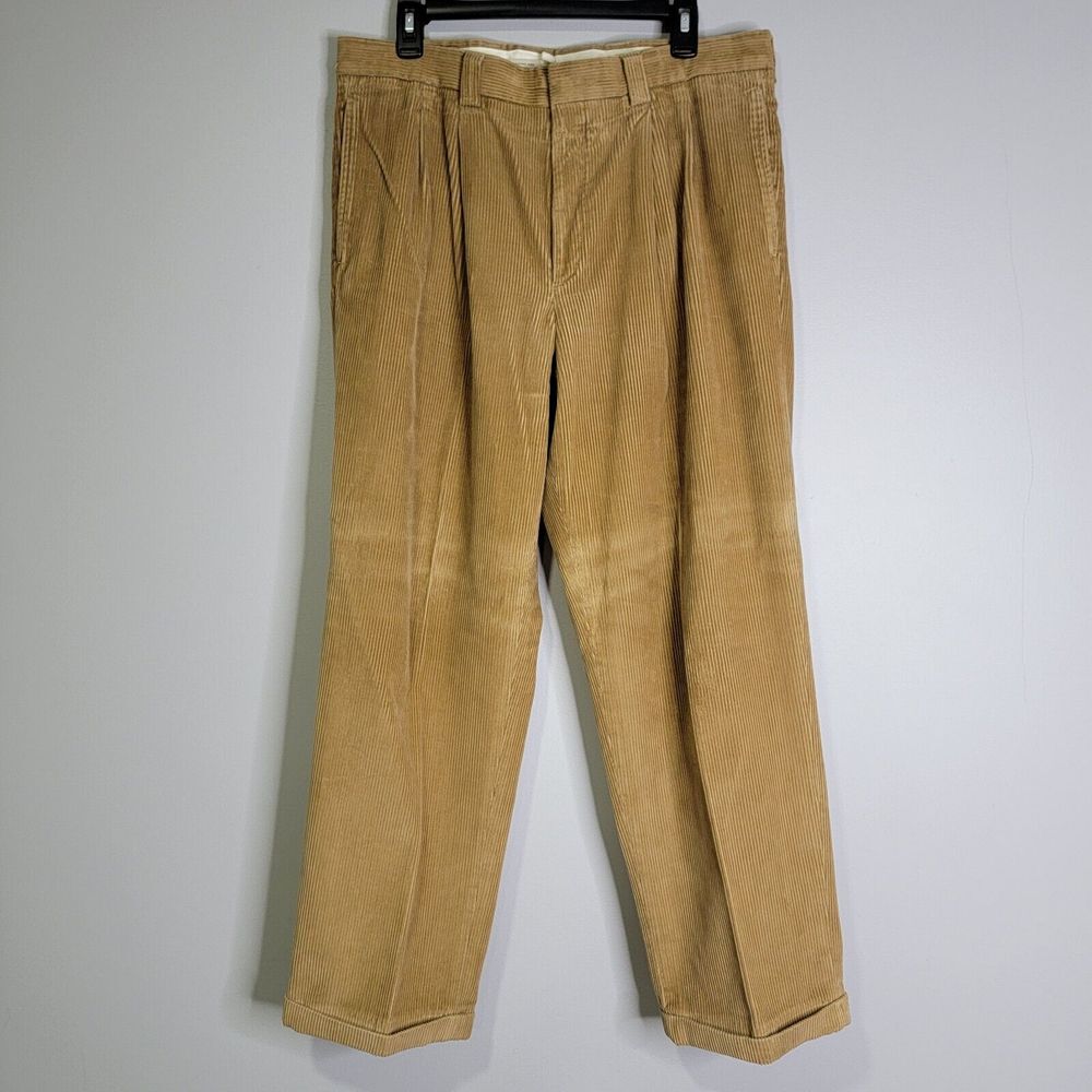 LL Bean Corduroy Pants Mens 35x30 Tan Corduroy Pleated Front Cuffed Hem Gorpcore